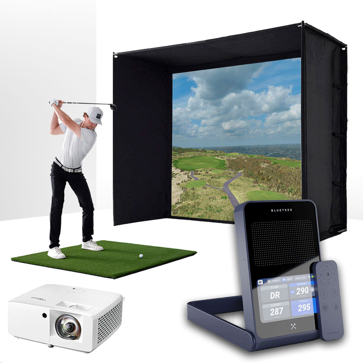 Blue Tees Golf Rainmaker with PlayBetter SimStudio™ BYO (Build Your Own) Package – Custom Home Golf Simulator Studio Builder with Impact Screen, Enclosure, Optional Mats, Projector & More