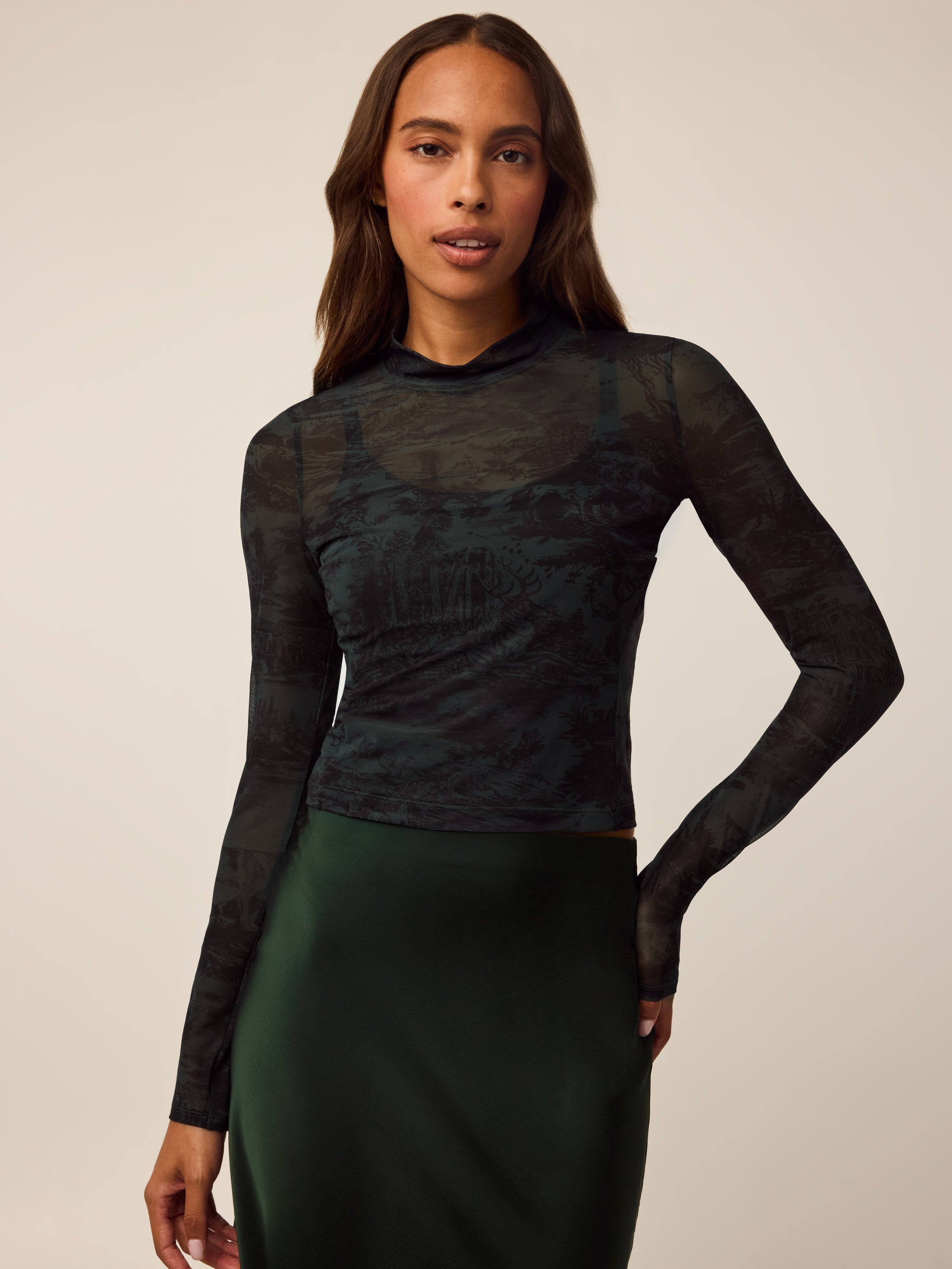 Huntress Toile Long Sleeve Mesh Mock Neck Top