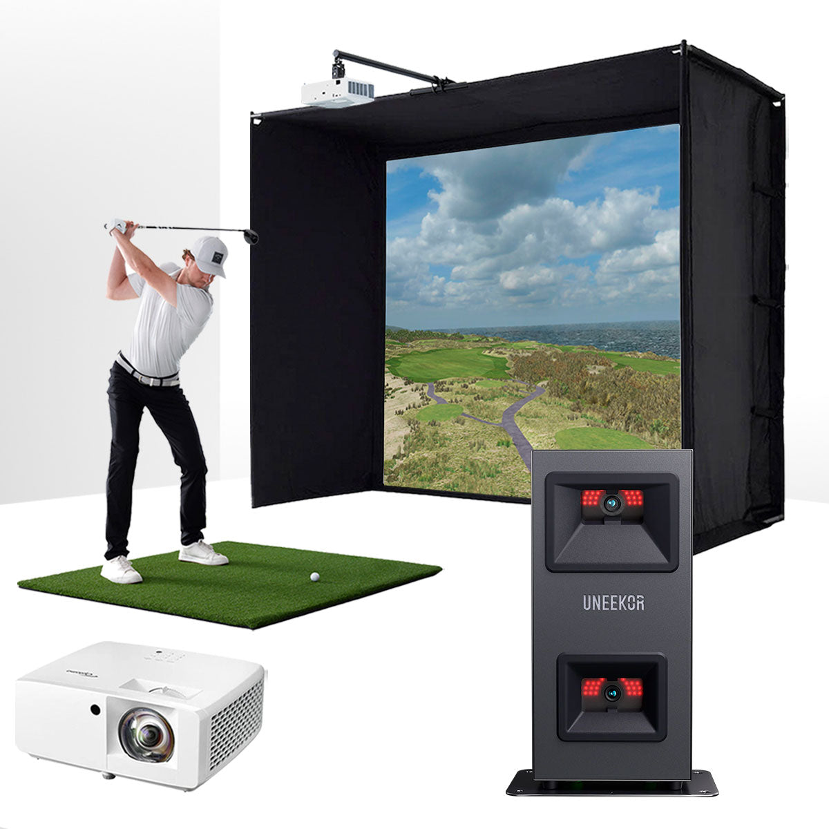 Uneekor EYE MINI LITE with PlayBetter SimStudio™ BYO (Build Your Own) Package – Custom Home Golf Simulator Studio Builder with Impact Screen, Enclosure, Optional Mats, Projector & More