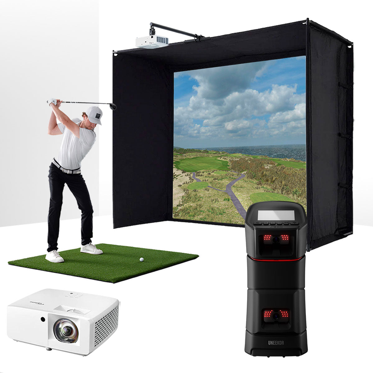 Uneekor EYE MINI with PlayBetter SimStudio™ ESSENTIALS Package | Golf Simulator Studio with Impact Screen, Enclosure, Hitting Mat, & Projector