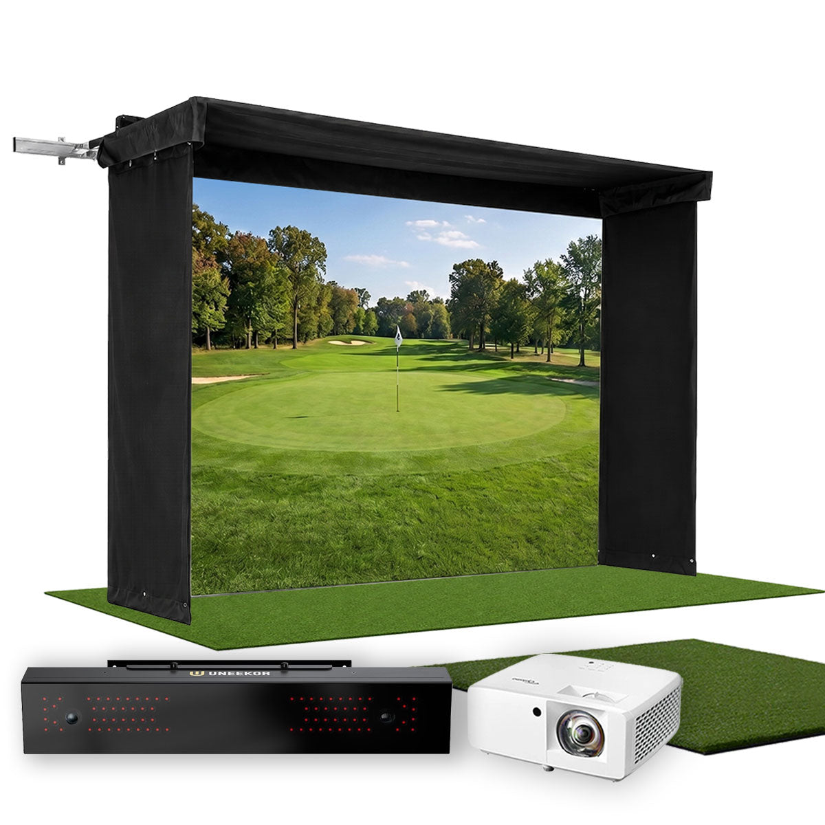 Uneekor EYE XR SportScreen Vanish LITE Hybrid-Retractable Golf Studio Complete Package | Home Golf Simulator Studio with Impact Screen, Enclosure, Hitting Mat, Putting Turf & Projector