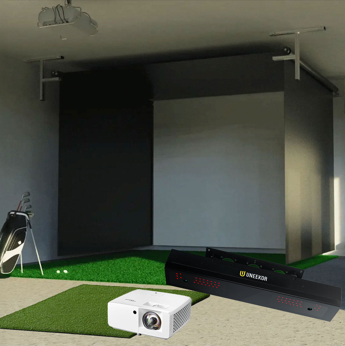 Uneekor EYE XR SportScreen Vanish Retractable Golf Studio Complete Package | Home Golf Simulator Studio with Impact Screen, Enclosure, Hitting Mat, Putting Turf & Projector